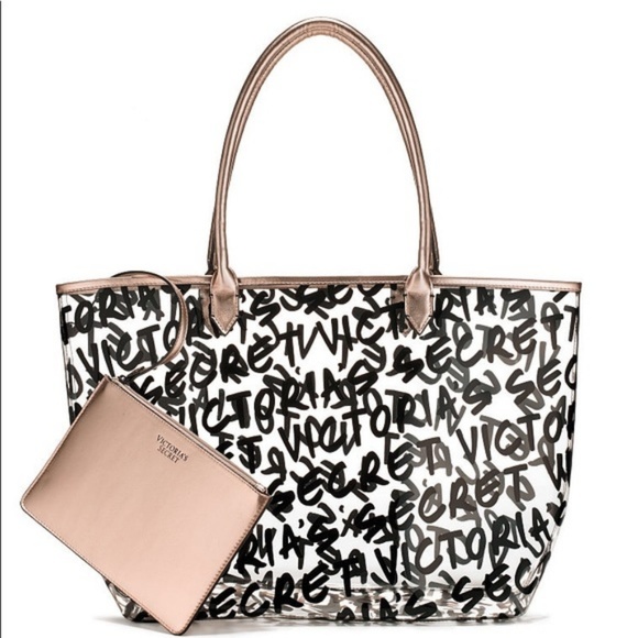 Victoria's Secret Handbags - Victoria's Secret Tote Bag Set Clear & Rose Gold